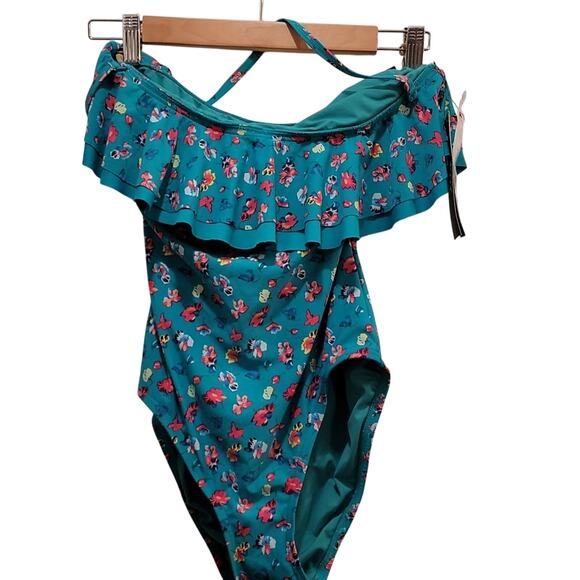 NWT DKNY Ruffle Bandeau Maillot Swimsuit in Lagoon, 10 - Picture 1 of 9